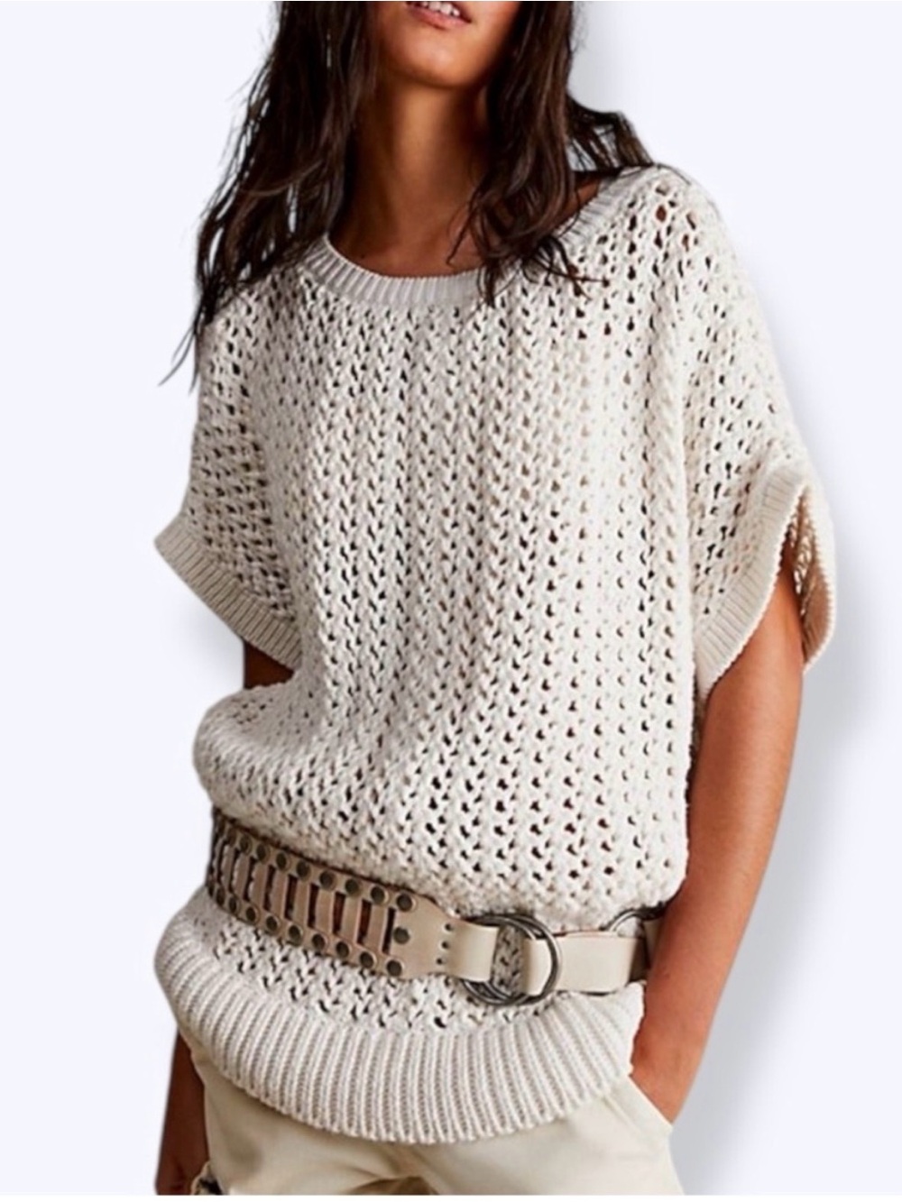 Free People Sophia Open Knit Sweater Tee Cream Oversized Academia Size Small